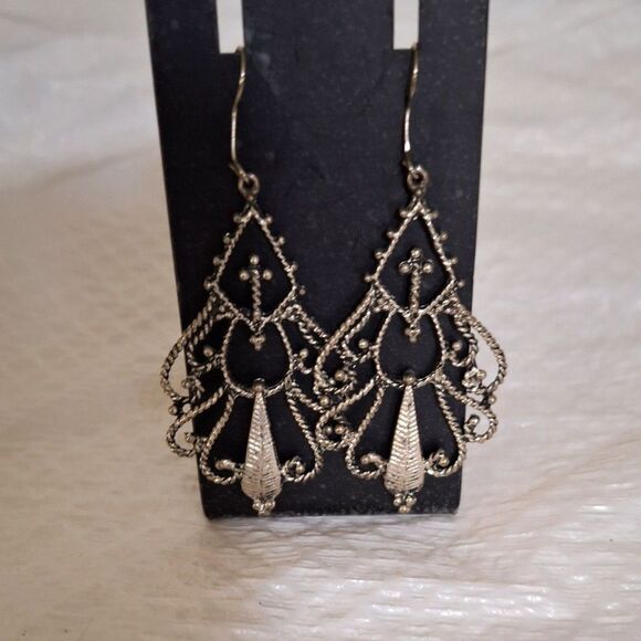 Vintage Filigree Earrings Teardrop Chandelier Silver Tone Whimsigoth Elegant - Picture 1 of 7